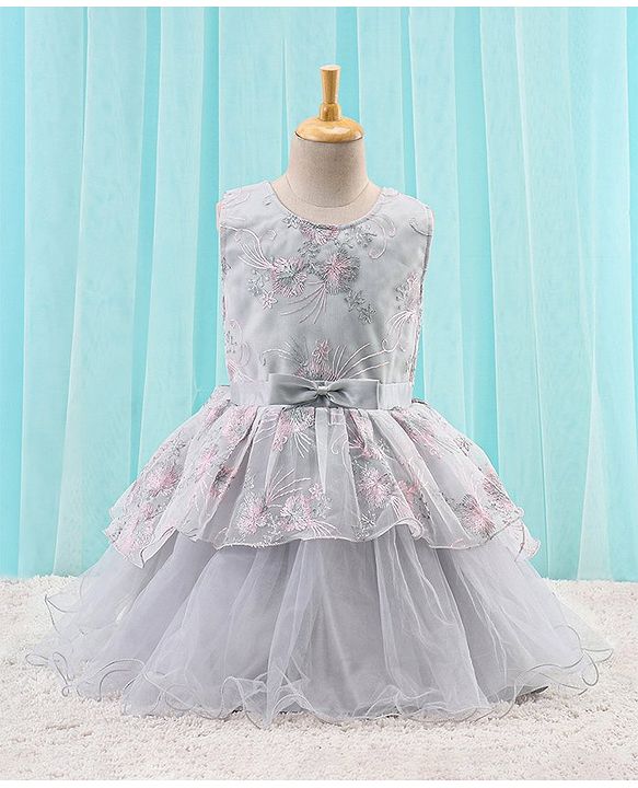 Babyhug Woven Sleeveless Party Frock with Ribbon Detailing & Floral Embroidery - Grey
