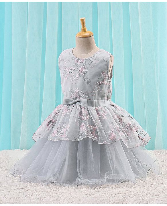 Babyhug Woven Sleeveless Party Frock with Ribbon Detailing & Floral Embroidery - Grey