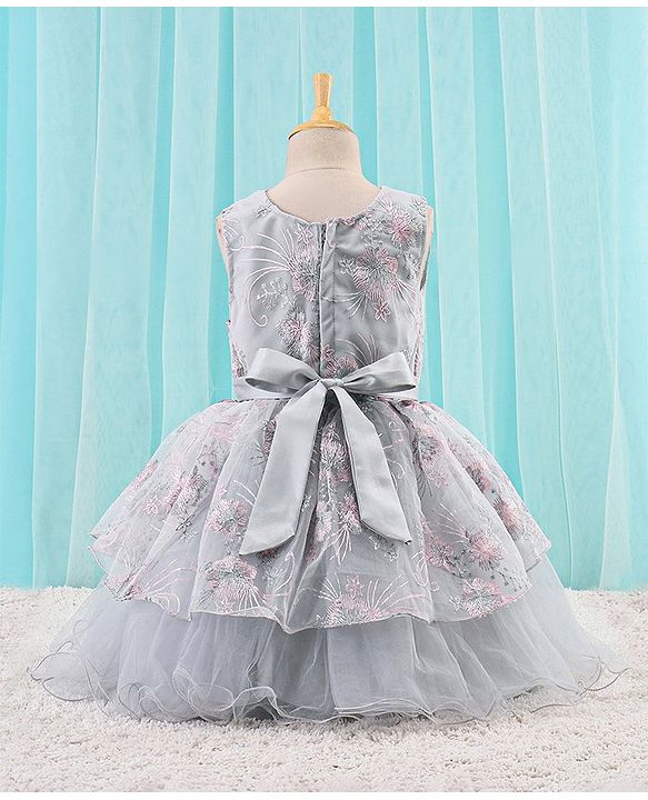 Babyhug Woven Sleeveless Party Frock with Ribbon Detailing & Floral Embroidery - Grey