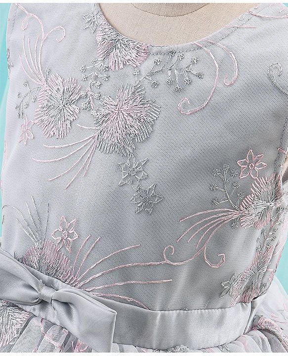 Babyhug Woven Sleeveless Party Frock with Ribbon Detailing & Floral Embroidery - Grey