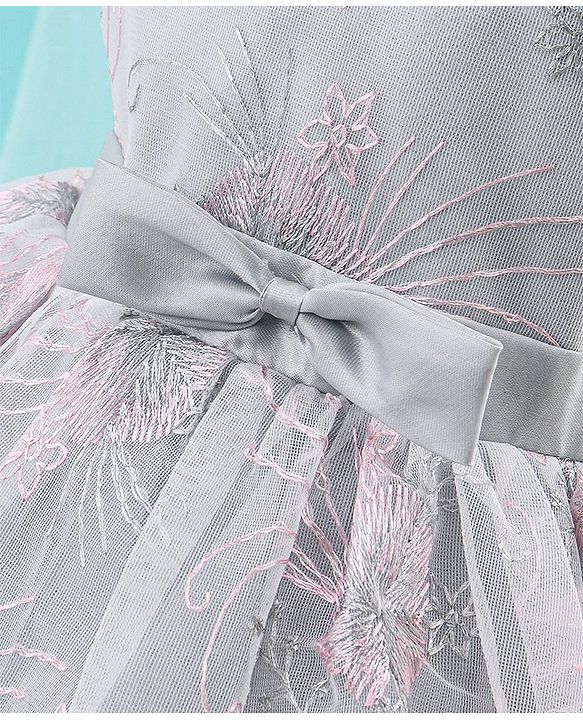 Babyhug Woven Sleeveless Party Frock with Ribbon Detailing & Floral Embroidery - Grey