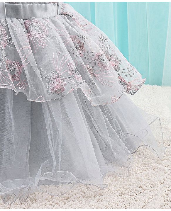 Babyhug Woven Sleeveless Party Frock with Ribbon Detailing & Floral Embroidery - Grey