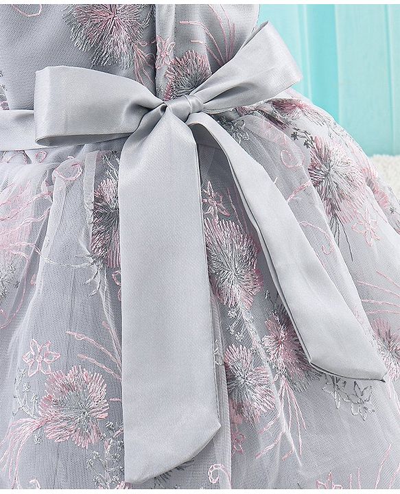 Babyhug Woven Sleeveless Party Frock with Ribbon Detailing & Floral Embroidery - Grey