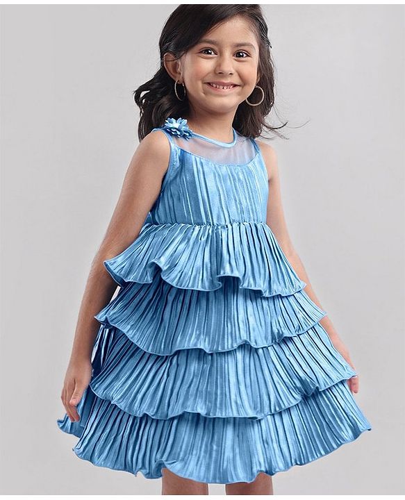 Babyhug Sleeveless Tiered Party Dress with Floral Corsage - Frozen Blue