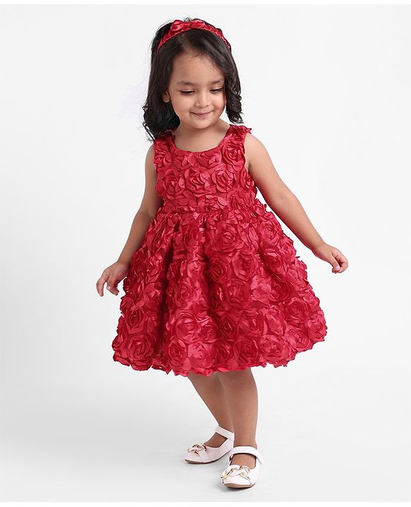 Babyhug Sleeveless 3D Applique Party Frock with Headband - Red