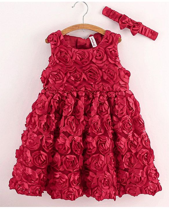 Babyhug Sleeveless 3D Applique Party Frock with Headband - Red