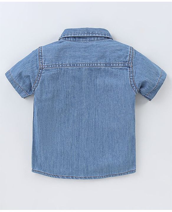 Babyhug Cotton Half Sleeves Washed Denim Shirt With Embroidered Badge- Blue