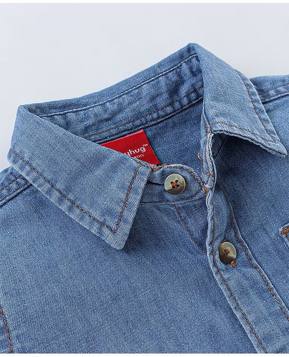 Babyhug Cotton Half Sleeves Washed Denim Shirt With Embroidered Badge- Blue