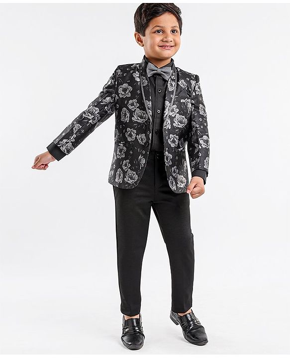 Babyhug Full Sleeves Party Suit With Bow Floral Print- Black