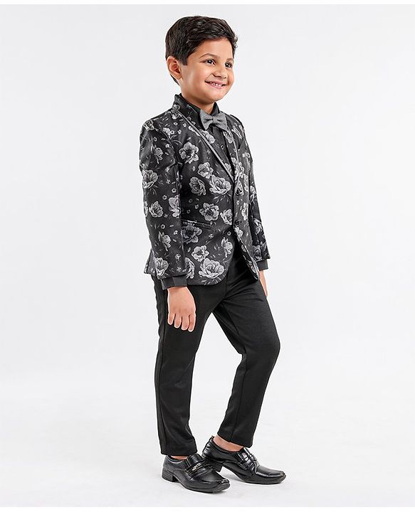 Babyhug Full Sleeves Party Suit With Bow Floral Print- Black