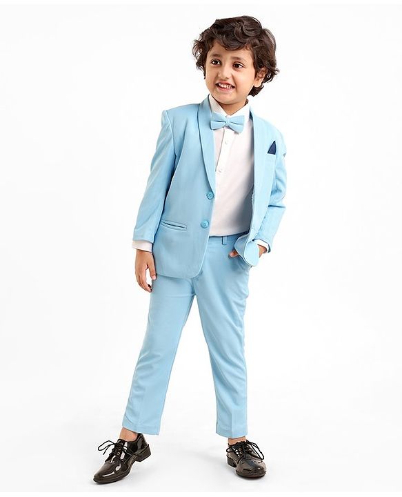 Babyhug Full Sleeves Classic Stretch Fit Party Suit Bow - Blue & White