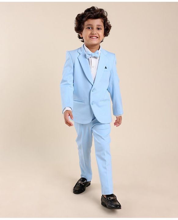 Babyhug Woven Full Sleeves Solid Stretch Fit Party Suit with Bow Tie - Sky Blue