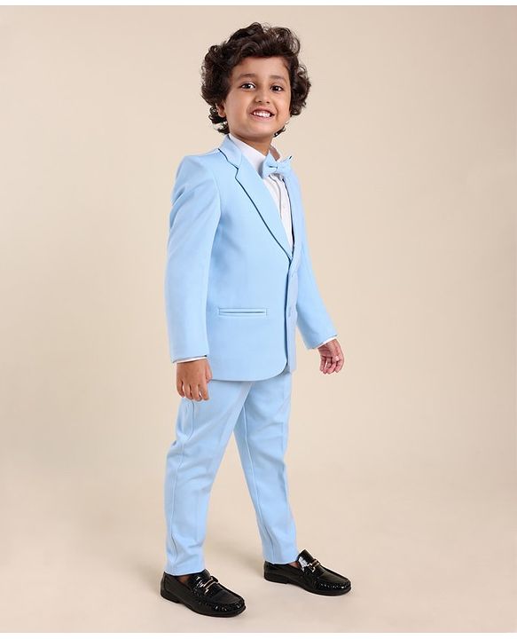 Babyhug Woven Full Sleeves Solid Stretch Fit Party Suit with Bow Tie - Sky Blue