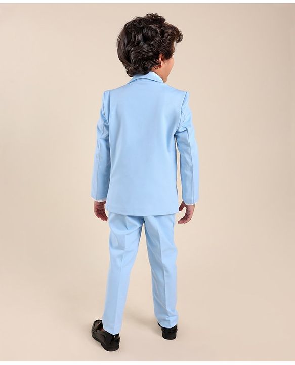 Babyhug Woven Full Sleeves Solid Stretch Fit Party Suit with Bow Tie - Sky Blue