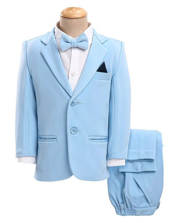 Babyhug Woven Full Sleeves Solid Stretch Fit Party Suit with Bow Tie - Sky Blue