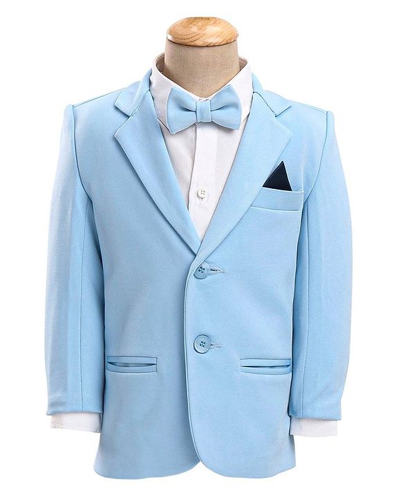 Babyhug Woven Full Sleeves Solid Stretch Fit Party Suit with Bow Tie - Sky Blue