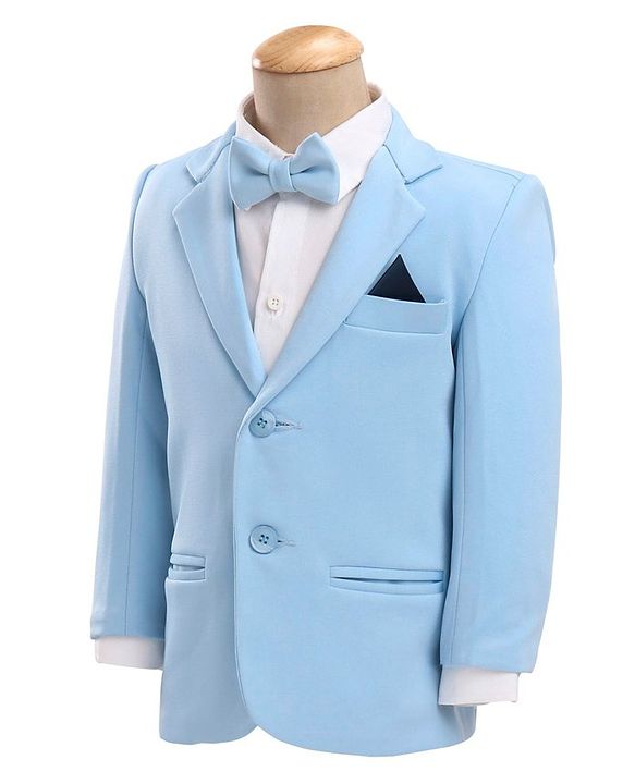 Babyhug Woven Full Sleeves Solid Stretch Fit Party Suit with Bow Tie - Sky Blue