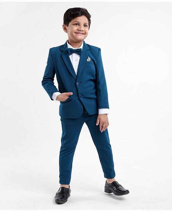 Babyhug Full Sleeves Stretch Fit Party Suit with Bow - Teal Blue