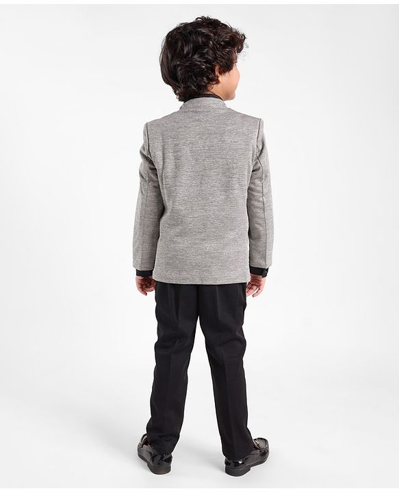 Babyhug Full Sleeves Four Way Stretch Fit Textured Party Suit With Blazer & Tie- Grey
