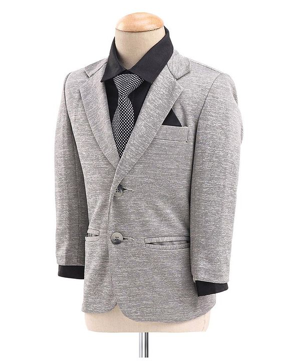 Babyhug Full Sleeves Four Way Stretch Fit Textured Party Suit With Blazer & Tie- Grey