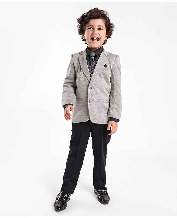 Babyhug Full Sleeves Four Way Stretch Fit Textured Party Suit With Blazer & Tie- Grey
