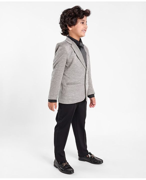 Babyhug Full Sleeves Four Way Stretch Fit Textured Party Suit With Blazer & Tie- Grey
