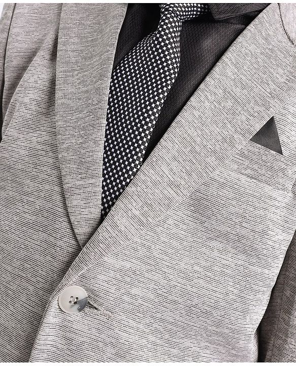 Babyhug Full Sleeves Four Way Stretch Fit Textured Party Suit With Blazer & Tie- Grey