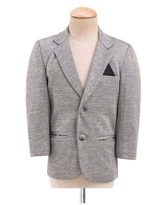 Babyhug Full Sleeves Four Way Stretch Fit Textured Party Suit With Blazer & Tie- Grey