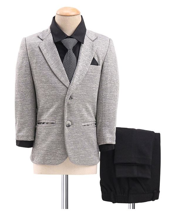 Babyhug Full Sleeves Four Way Stretch Fit Textured Party Suit With Blazer & Tie- Grey