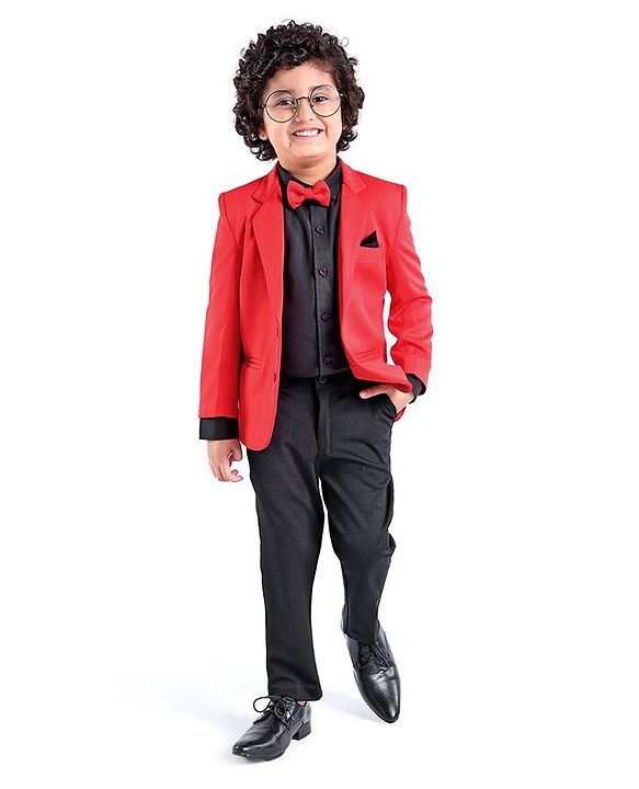 Babyhug Full Sleeves Stretch Fit Party Suit Bow - Red & Black
