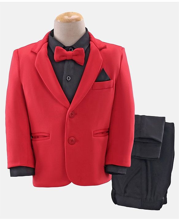 Babyhug Full Sleeves Stretch Fit Party Suit Bow - Red & Black