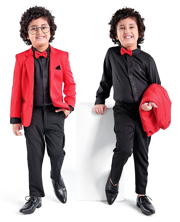 Babyhug Full Sleeves Stretch Fit Party Suit Bow - Red & Black