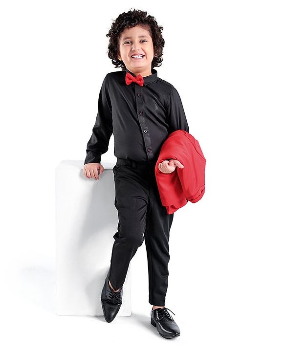 Babyhug Full Sleeves Stretch Fit Party Suit Bow - Red & Black