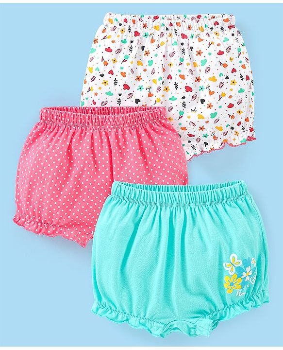 Babyhug 100% Cotton Floral Print Bloomers Pack of 3 - Pink Blue & White
