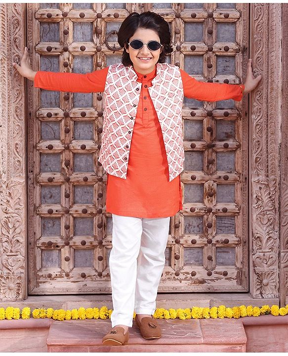 Pine Kids Full Sleeves Kurta Pyjama Set wih Printed Bandi - Orange