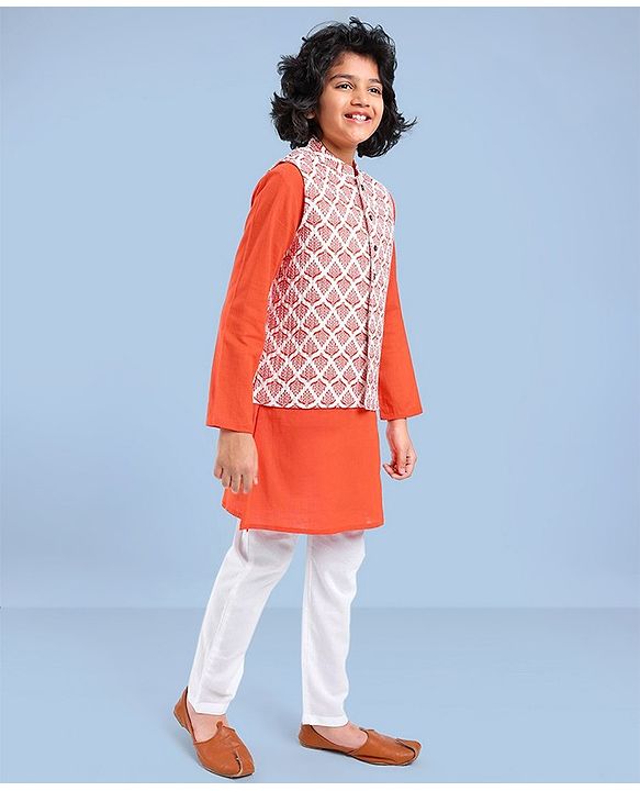 Pine Kids Full Sleeves Kurta Pyjama Set wih Printed Bandi - Orange