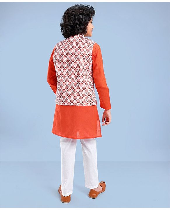 Pine Kids Full Sleeves Kurta Pyjama Set wih Printed Bandi - Orange