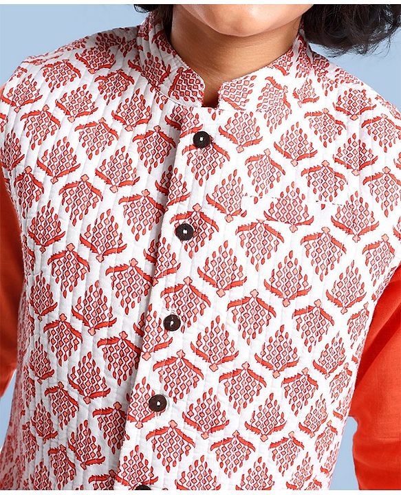 Pine Kids Full Sleeves Kurta Pyjama Set wih Printed Bandi - Orange