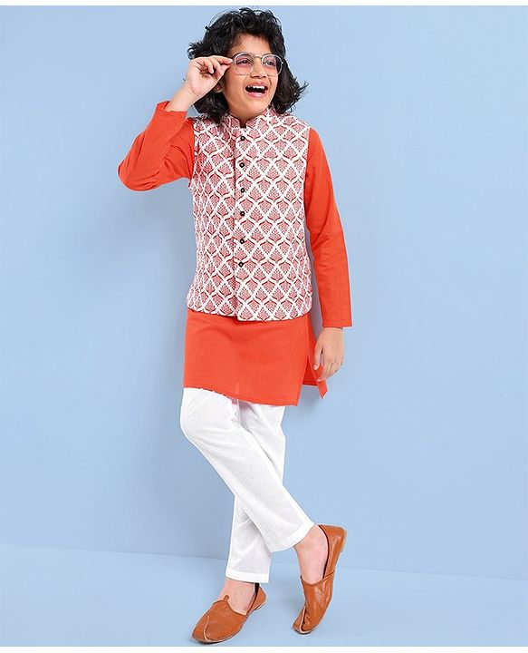 Pine Kids Full Sleeves Kurta Pyjama Set wih Printed Bandi - Orange