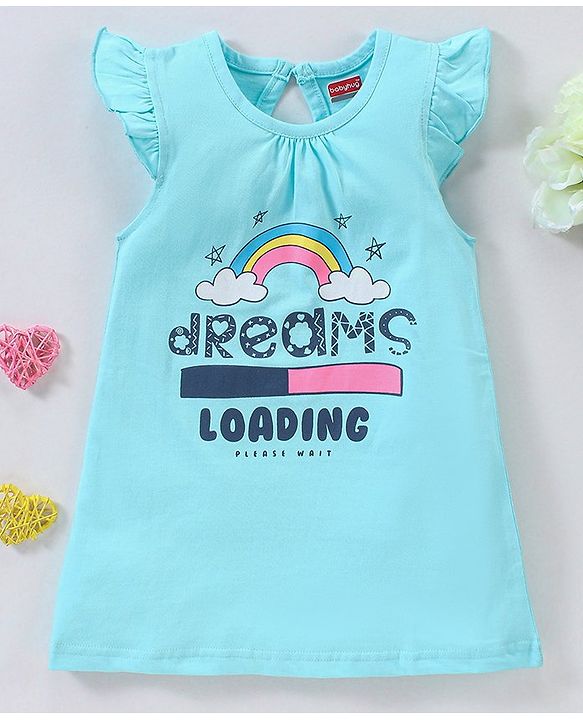 Babyhug Short Cap Sleeves Nighty Text Print - Blue