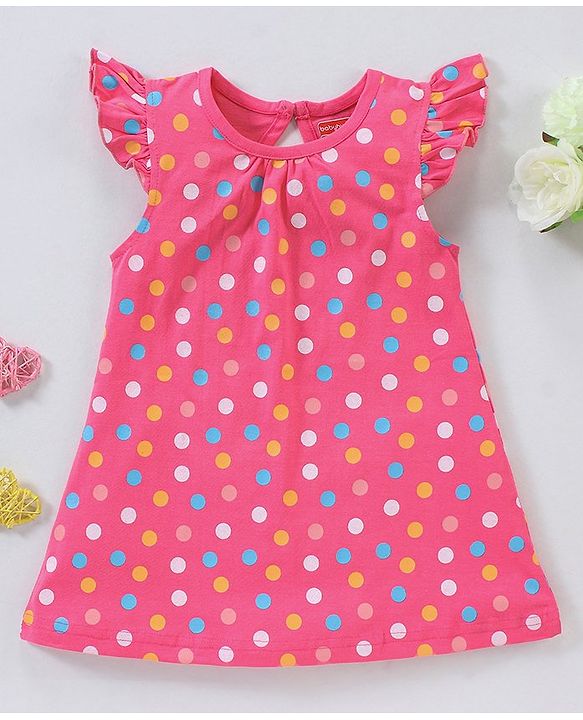 Babyhug Cotton Knit Frill Sleeves Knee Length Nighty Polka Dots Print - Pink