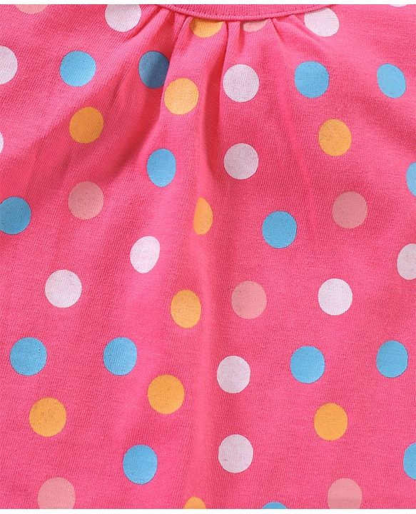 Babyhug Cotton Knit Frill Sleeves Knee Length Nighty Polka Dots Print - Pink