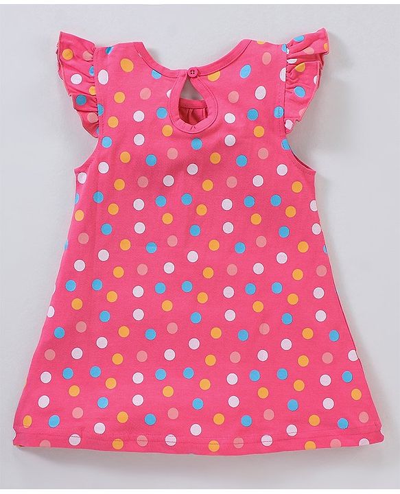 Babyhug Cotton Knit Frill Sleeves Knee Length Nighty Polka Dots Print - Pink