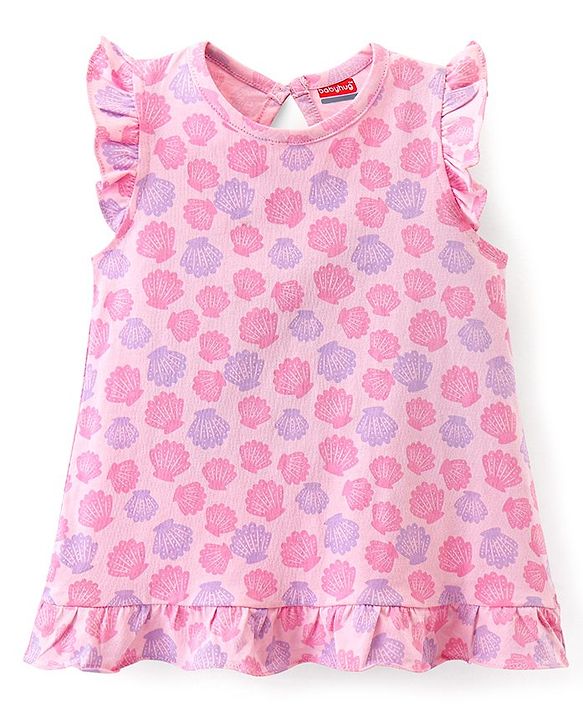 Babyhug Cotton Knit Sleeveless Nighty With Shells Print - Pink