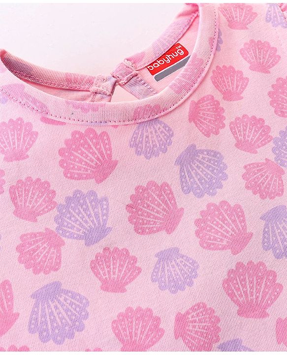 Babyhug Cotton Knit Sleeveless Nighty With Shells Print - Pink