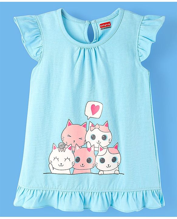 Babyhug Flutter Sleeves Nighty Kitten Print Pack of 2 - Blue