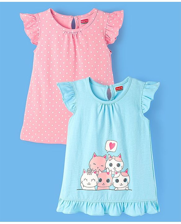 Babyhug Flutter Sleeves Nighty Kitten Print Pack of 2 - Blue
