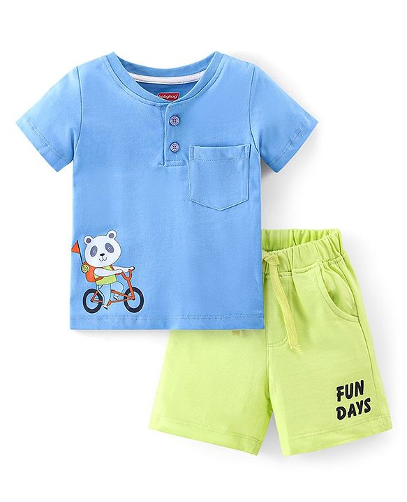 Babyhug 100% Cotton Knit Half Sleeves T-Shirt & Shorts With Text & Panda Print - Blue & Green