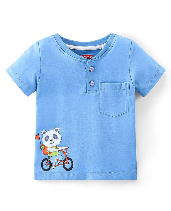 Babyhug 100% Cotton Knit Half Sleeves T-Shirt & Shorts With Text & Panda Print - Blue & Green
