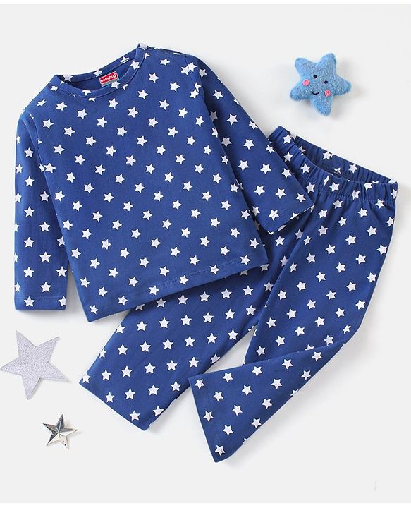 Babyhug Cotton Knit Full Sleeves Night Suit Star Printed - Navy Blue